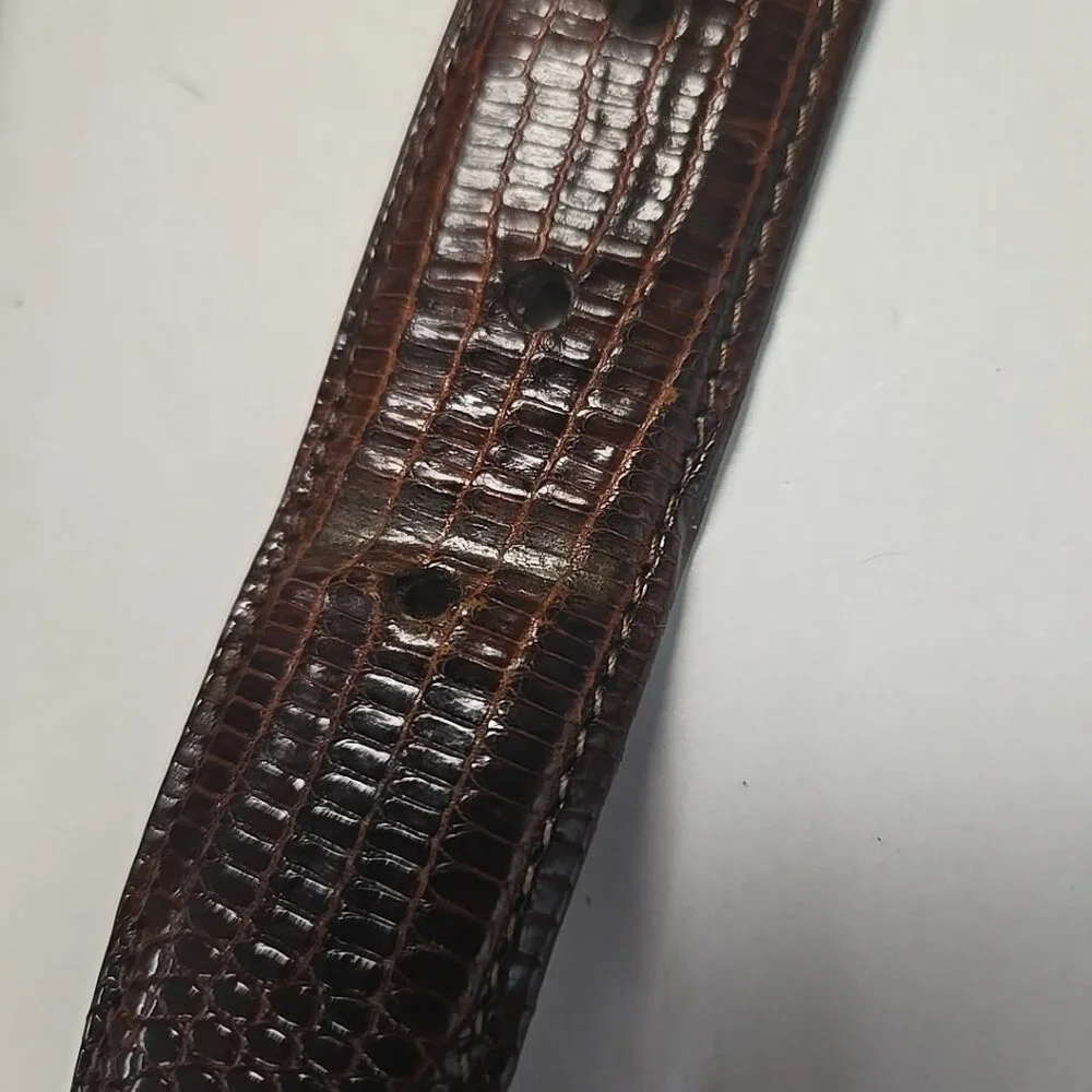 TORINO Elite Ringmark Lizard Brown Leather Belt Gold Tone Brass Buckle Size 42